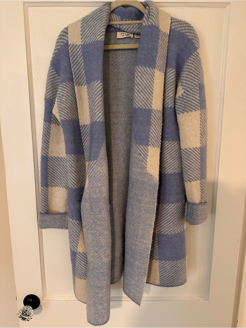 RD Style Blue and Cream Plaid Open-Front Cardigan